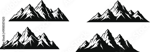 Mountain range silhouettes showing snowy peaks and rugged alpine landscape isolated on white background illustration