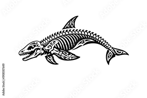 Black and white tribal style prehistoric marine reptile skeleton illustration with decorative patterns, isolated on light background, tattoo design concept.