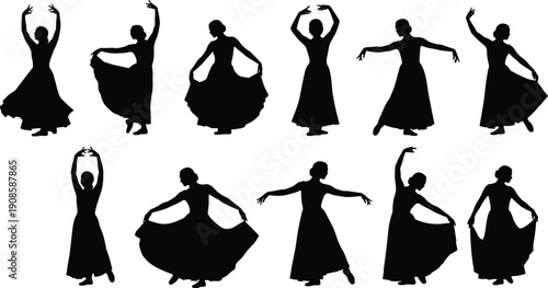 Flamenco dancer silhouettes set, Spanish dance poses, traditional performance collection, cultural movement illustration, artistic ballet design bundle