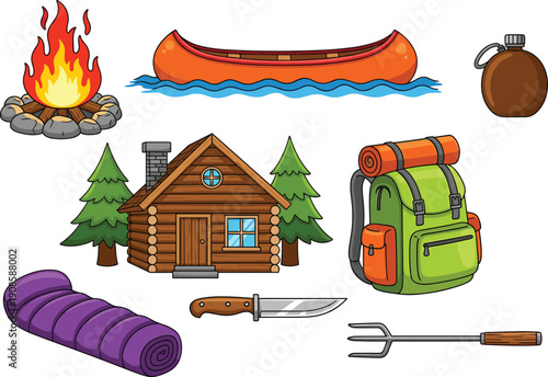 Camping equipment set with cabin campfire canoe backpack and tools isolated on white background illustration