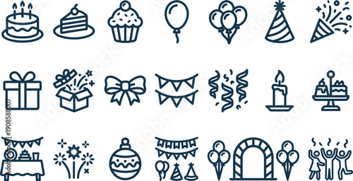 Versatile collection of celebration and party outline icons for festive occasions, birthdays, and joyful events