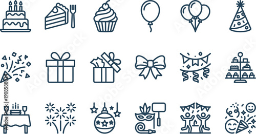 Collection of festive celebration and party themed outline vector icons, perfect for birthdays, holidays, and special events design resources