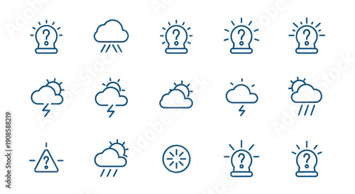 Weather icons set illustrating storms sunlight and uncertainty