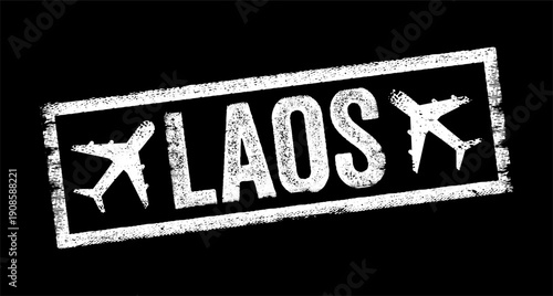 Laos travel stamp featuring a distressed white texture with airplane icons on a dark backdrop, capturing the essence of Southeast Asian tourism, international flights, and vintage passport aesthetics