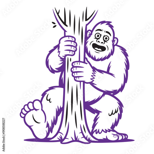 Scared purple bigfoot clinging to large tree trunk with wide eyes in surprise for funny cartoon design