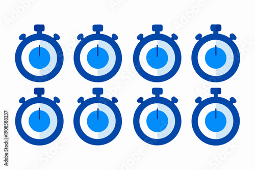 Eight blue stopwatch icons on a white background