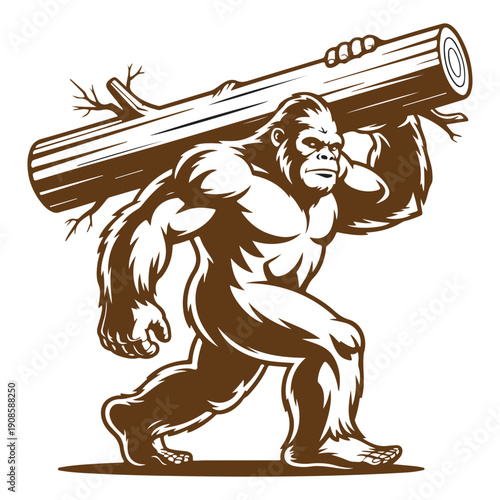 Strong brown bigfoot carrying large tree trunk on shoulder for lumberjack concept or wild nature illustration