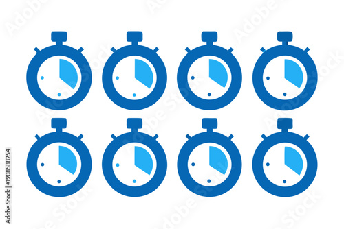 Eight blue stopwatch icons with pie charts on white background
