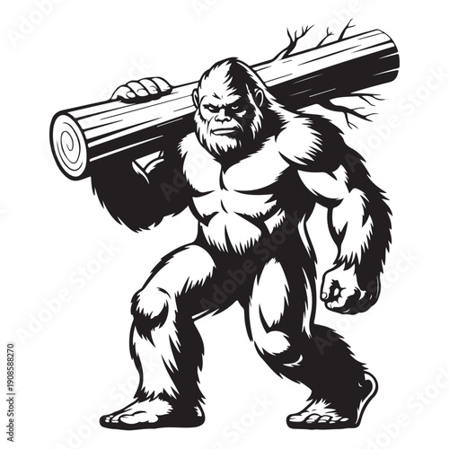 Muscular black and white bigfoot creature walking powerfully carrying heavy log for strong mascot design