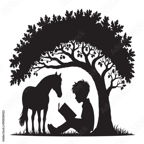Silhouette of a young boy reading a book under a large tree with a horse standing nearby on a transparent background