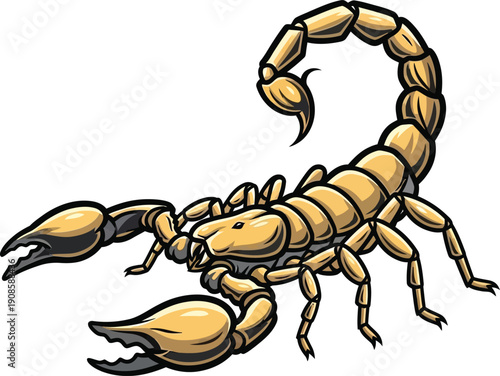 Vibrant yellow scorpion illustration with black accents, isolated on a white background, representing danger and the desert.