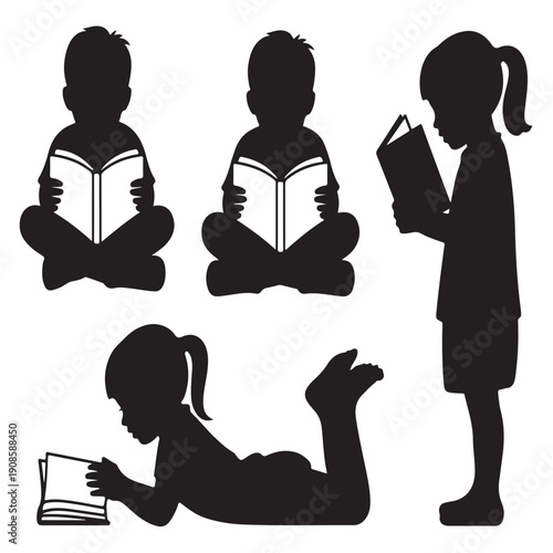 Collection of four black silhouettes depicting children, both boys and girls, engaged in reading books in various poses