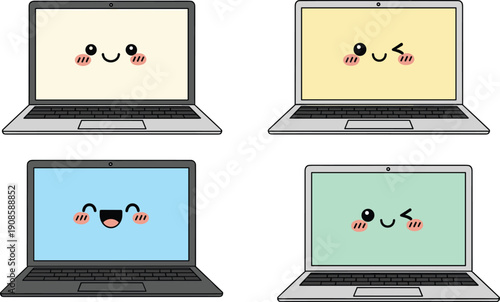 Cute laptop characters with smiling faces, kawaii computer screens set, playful technology concept, cartoon flat vector illustration