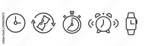 time icons, icon set of clock, stopwatch, smart watch, hourglass, alarm clock, wristwatches concept, line vector art