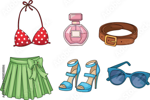 Fashion accessories illustration featuring bikini perfume belt skirt high heels and sunglasses summer style set