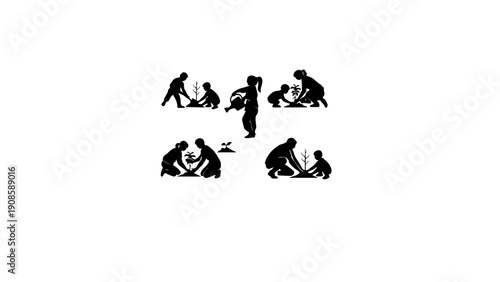 Kids Planting Tree Gardening Activity Silhouette Vector Set