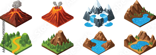 Isometric landscape icons set, volcano mountains rivers forests lakes terrain elements, nature geography illustration collection, flat vector design
