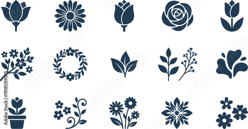 Collection of elegant botanical flower icons and decorative floral elements, vector illustrations for nature-inspired graphic designs