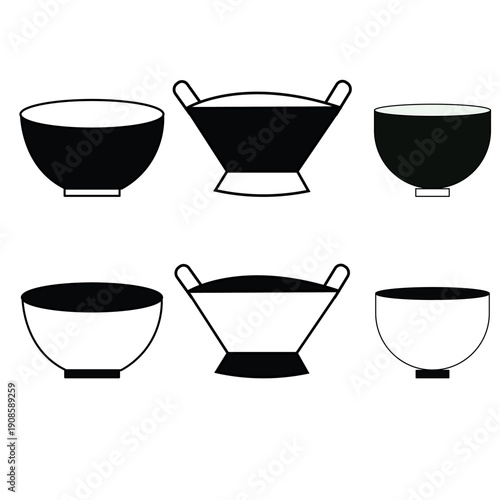 Set of ceramic bowls and cups isolated on a white background featuring empty porcelain dishware icons for kitchen 