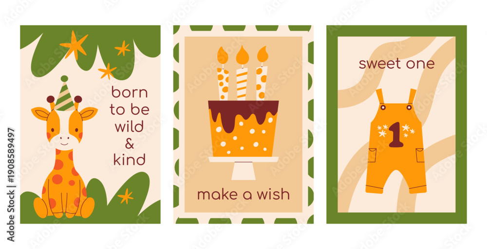Fototapeta premium First birthday card collection with cute giraffe, festive cake with candles, baby overalls with number one. Modern retro flat vector minimalist illustration set for party, nursery decor, poster