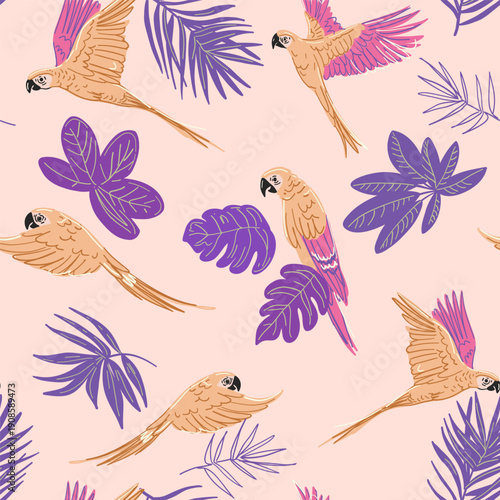 Macaw parrot, tropical bird, palm leaves, seamless pattern, hand-drawn sketch