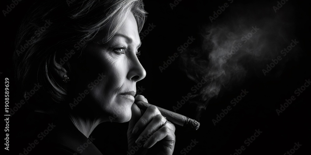 Obraz premium Mature woman smoking cigar contemplating in profile