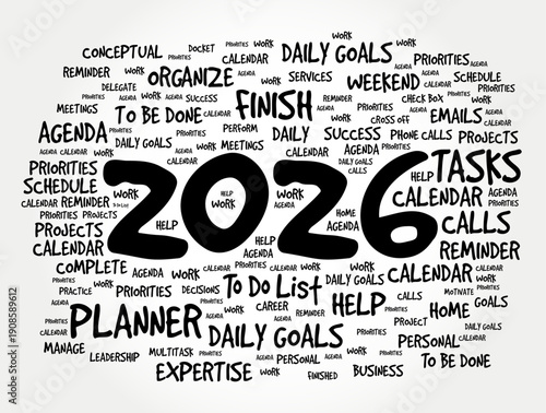 2026 planner and productivity word cloud emphasizing organization and time management with keywords like goals, tasks, and agenda, suitable for professional development and business planning