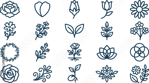 Elegant collection of minimalist floral and botanical line art icons, ideal for various digital and print design projects, symbolizing natural beauty