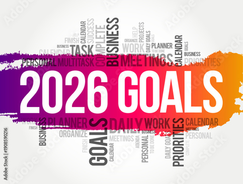 
2026 GOALS text in bold white letters over a vibrant purple and orange brushstroke, surrounded by a vertical and horizontal word cloud of business and productivity terms for future success