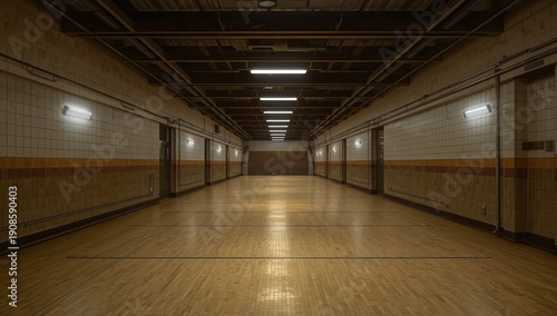 Hallway in a Gym With Wooden Floor and Lights During Daytime