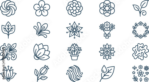 Elegant set of diverse floral and botanical line art icons, perfect for nature-inspired design, decorative motifs, and spring themes for various projects