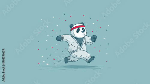 Energetic cartoon panda in martial arts gi with red headband running, celebrating victory with confetti. Playful vector illustration.