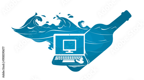 Digital communication concept: Laptop and computer icons within a message in a bottle on ocean waves, symbolizing online connection.