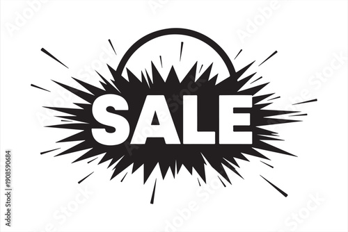 A dynamic black and white graphic displaying the word sale with an explosive burst