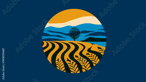 Minimalist stylized landscape illustration with golden field, lone tree, rolling mountains, and sunset sky in a circular frame.