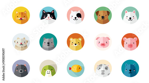 Cute flat design animal avatar icons set with pet faces and wildlife illustrations, vector graphic collection.
