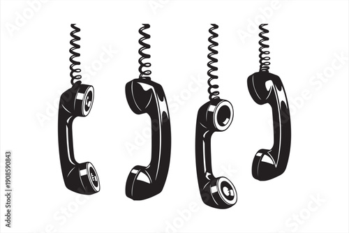 Four black telephone handsets hang from coiled cords arranged in a row