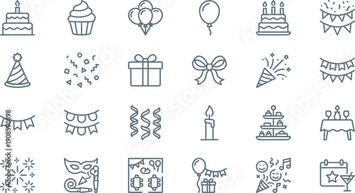 Vibrant Collection of Outline Party and Celebration Icons Perfect for Festive Occasions, Birthdays, and Special Event Designs