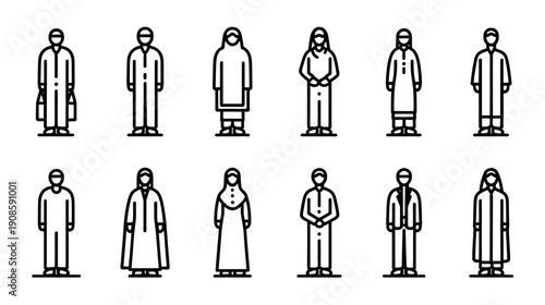 Various people in traditional Arabic and Islamic clothing line icons. Diverse men and women in cultural dress vector set.