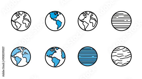 Earth globe and planet icon set. Flat vector design collection featuring world map outlines, blue oceans, and celestial body symbols for global concepts.