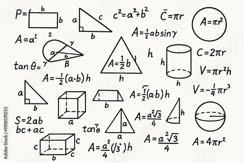 Hand drawn geometry formulas and shapes including triangles, cylinders, cubes and area calculations in black outline math illustration style.