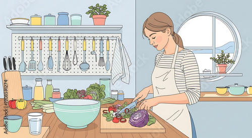 Woman in a kitchen preparing vegetables on a cutting board with various ingredients around her