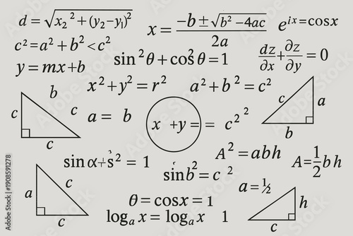 Mathematics formulas and geometry equations background with triangles, algebraic expressions and analytic calculations. Educational STEM illustration for academic, engineering and science use.