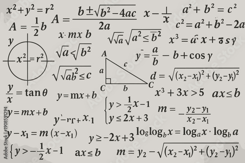 Black and white mathematics background with algebra equations, geometry formulas, graphs and inequalities in hand drawn sketch style on light backdrop.