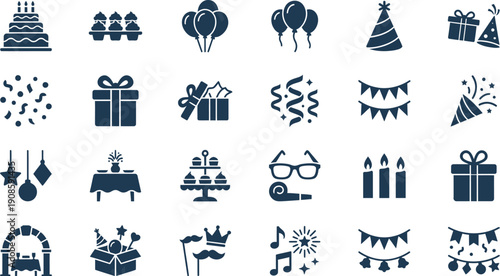 Comprehensive vector collection of celebration and party icons, perfect for festive events and joyful occasions