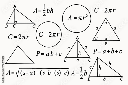 Hand drawn geometry illustration with triangle diagrams, circle formulas and perimeter equations in black outline style on light background