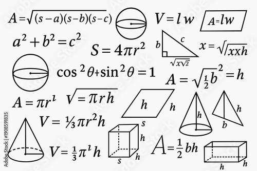 Hand drawn geometry formulas and 3D shapes including sphere, cone, cube and triangle with area and volume equations in black outline style.
