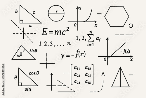 Hand drawn mathematics and physics set with geometric shapes, algebra formulas, trigonometry and function graphs in black outline style on light background.