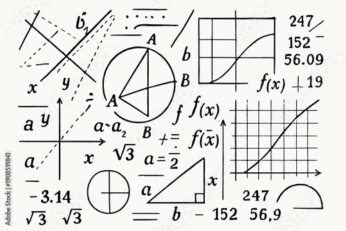 Hand drawn mathematics illustration with geometry diagrams, algebra formulas, function graphs and coordinate systems in black sketch style on light background.
