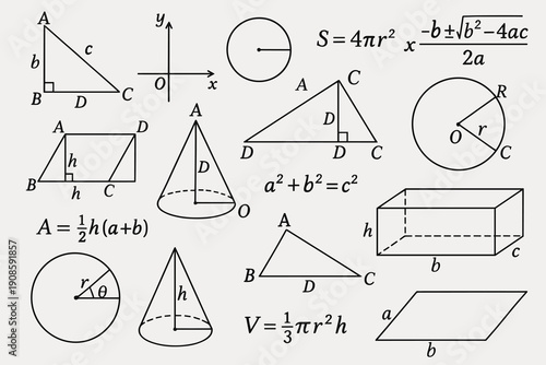 Hand drawn geometry set with 2D and 3D shapes, mathematical formulas and diagrams including triangle, circle, cone and prism in black outline style.